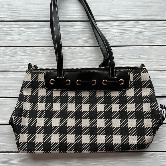 NWOT Dooney & Bourke Large Tassel Zip Top Bag Black Off White Check - Picture 2 of 11